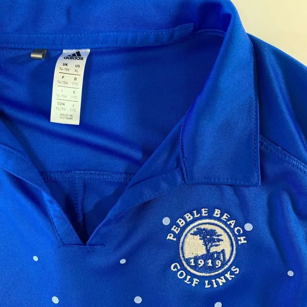 Adidas Girls Sleeveless Golf Polo XL Blue White Polka Dot Pebble Beach Logo
